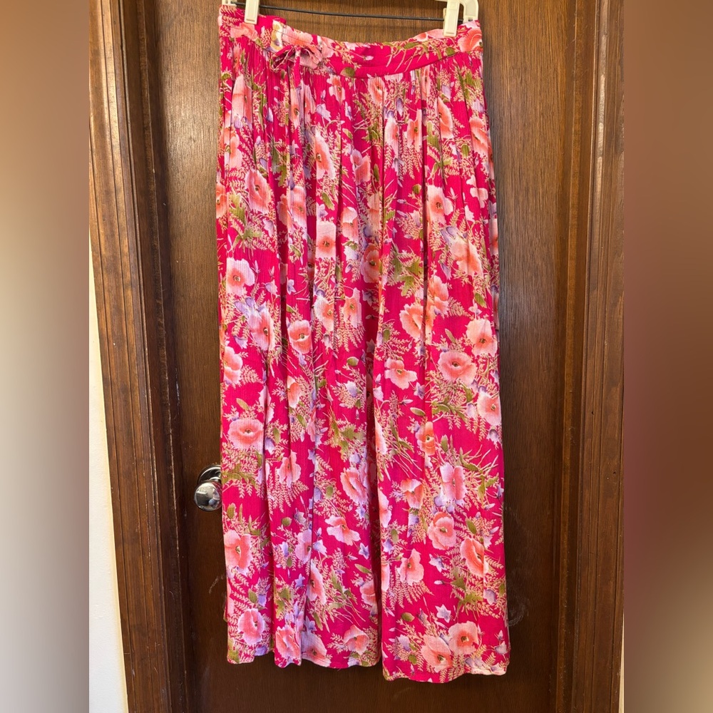 Women’s Pink Floral Maxi Skirt with Drawstring Waist